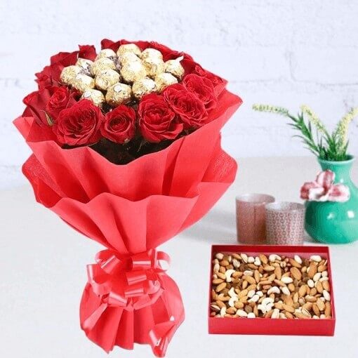 Dry Fruits with Rocher N Roses Bouquet
