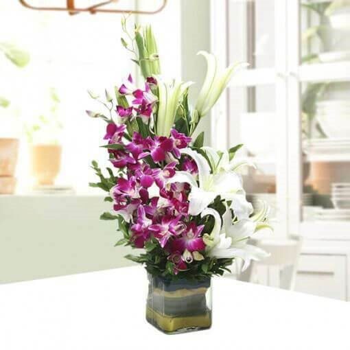 Bunch of 5 Purple Orchids and 3 Lilies