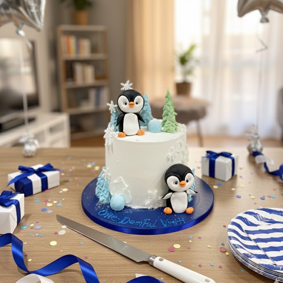 "One-Derful" Winter Penguin First Birthday Cake