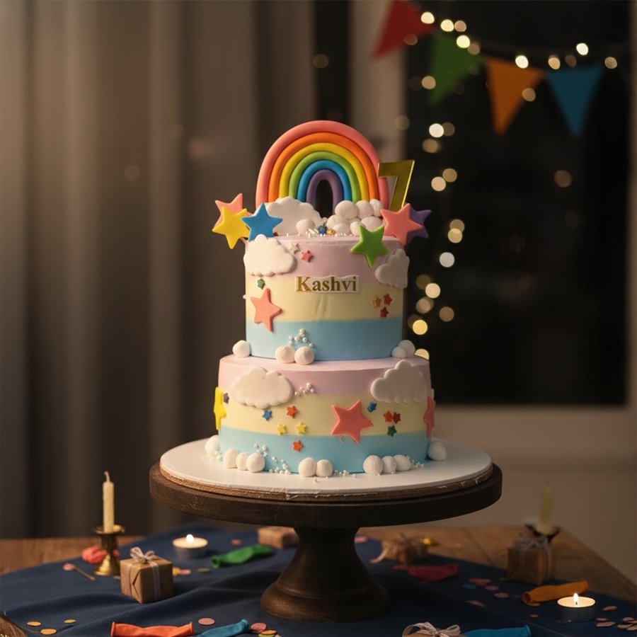 Vibrant Two-Tier Rainbow & Stars Birthday Cake