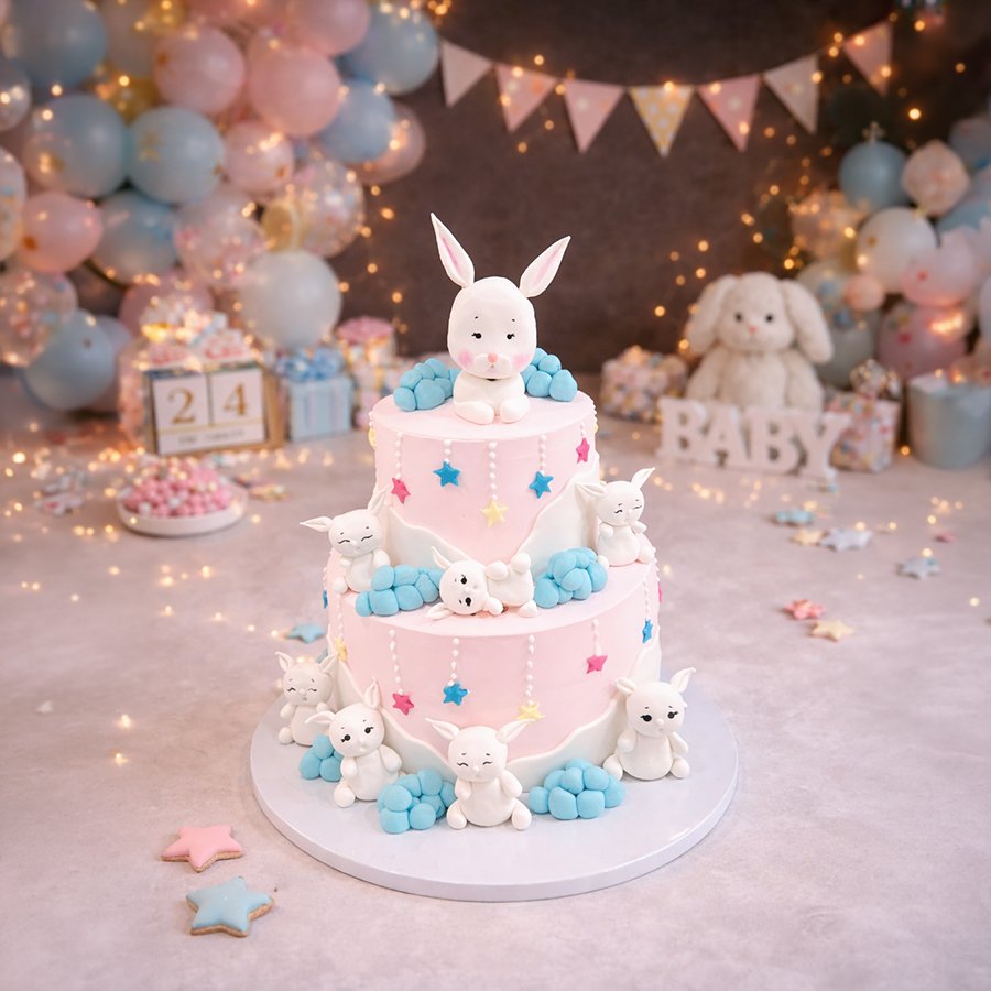 Whimsical Bunny on Clouds Two-Tier Pink Cake