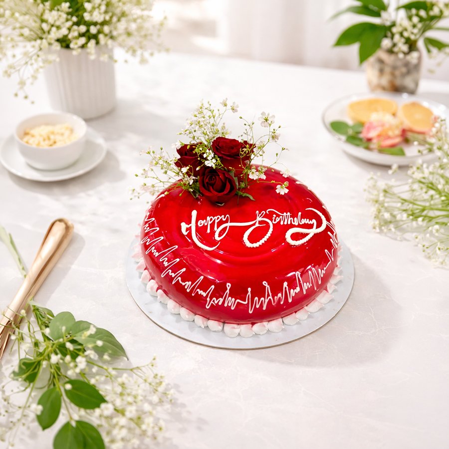 Elegant Red Glaze Cake with Fresh Roses