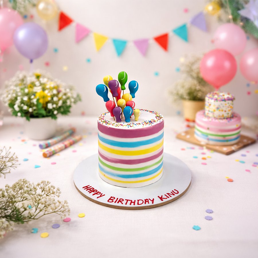 Vibrant Rainbow Stripe Cake with Balloon Toppers