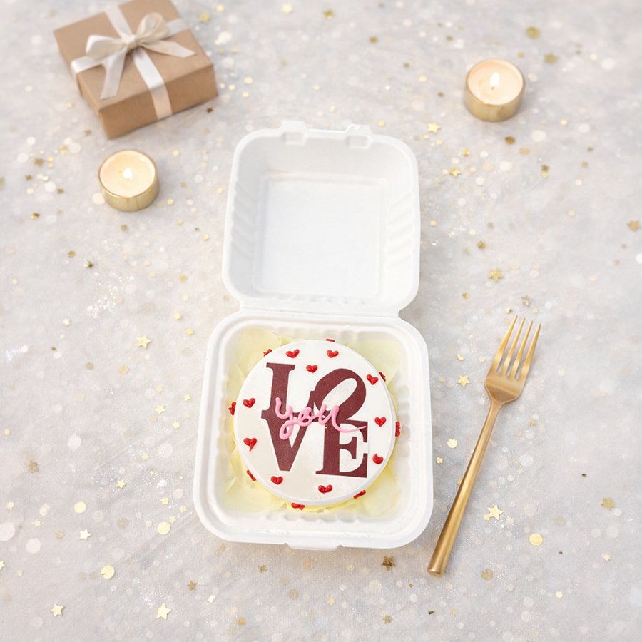 Elegant "LOVE" Typography Bento Cake with Red Hearts