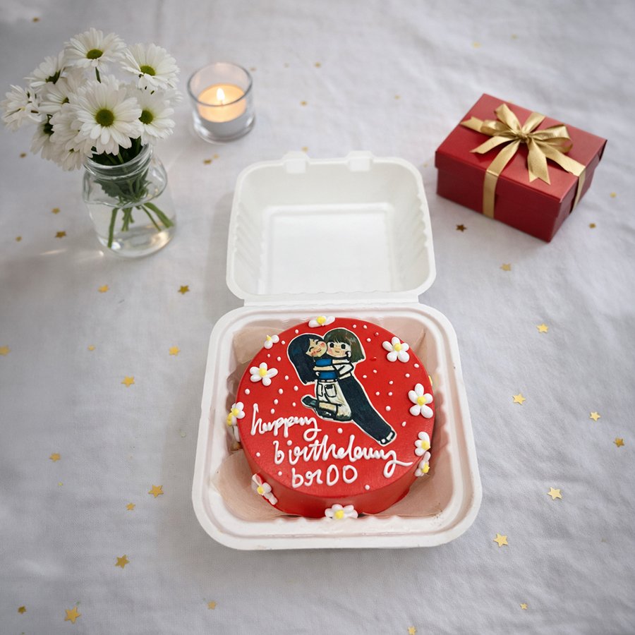 Red "Happy Birthday Broo" Cute Bento Cake