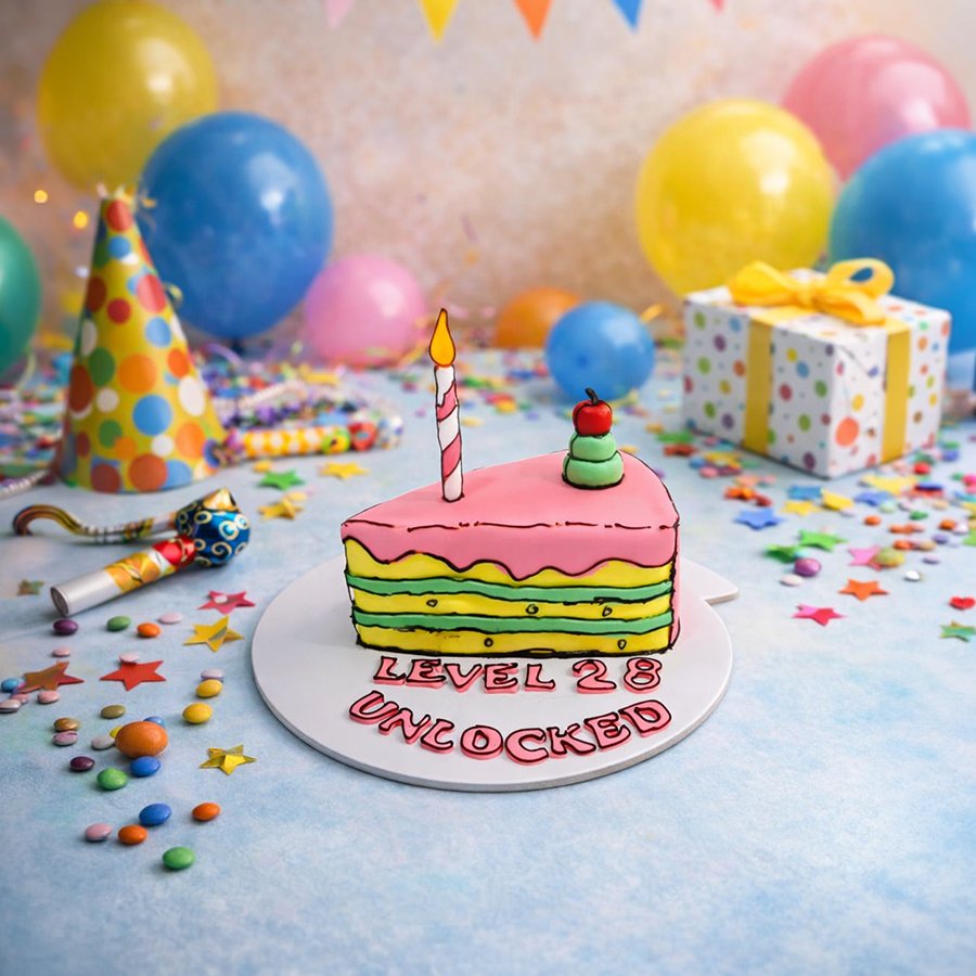 2D Comic Style Birthday Cake – Level 28 Unlocked