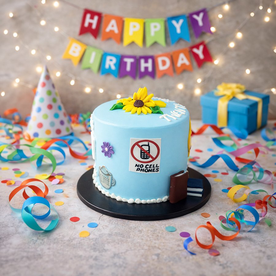 Quirky Blue Sunflower Birthday Cake with "No Phones" Topper