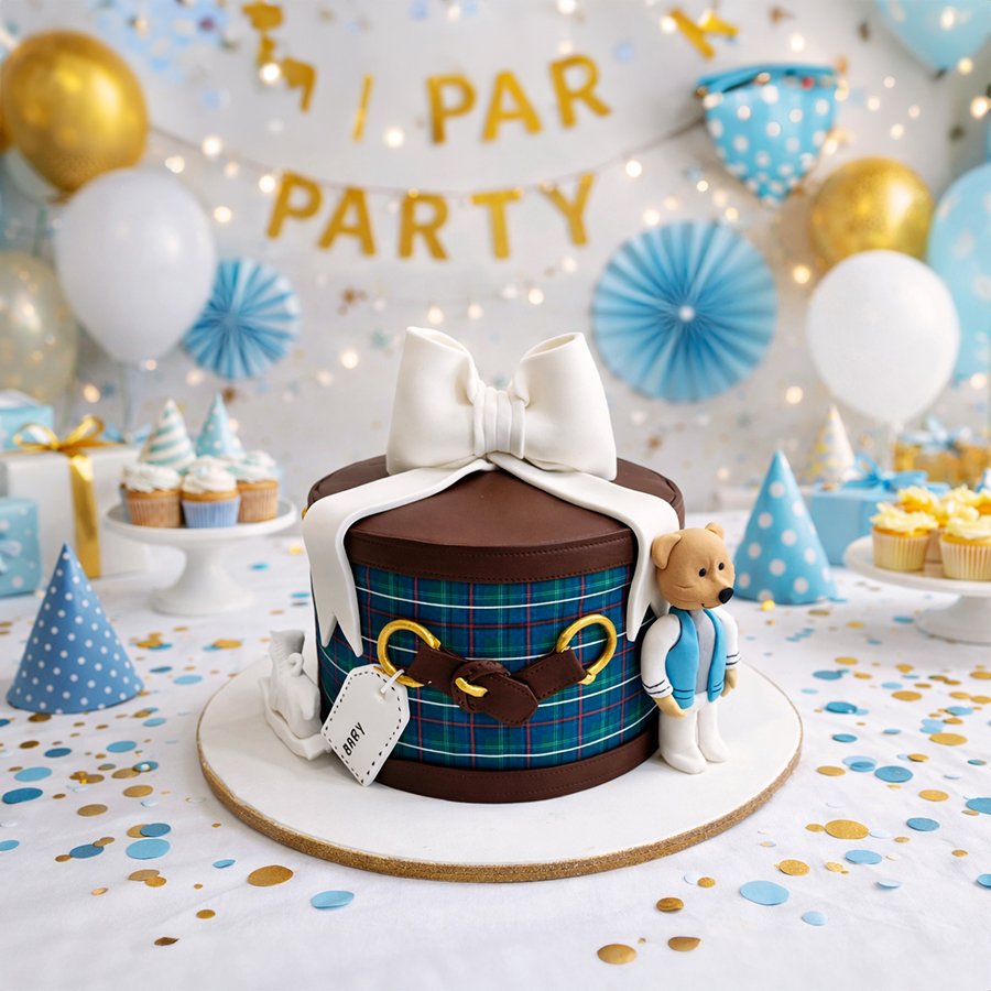 Little Gentleman | Blue Plaid & Bear Sculpted Cake