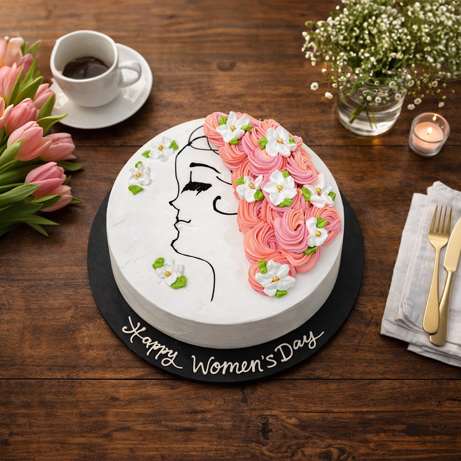 Happy Women’s Day Floral Silhouette Cream Cake