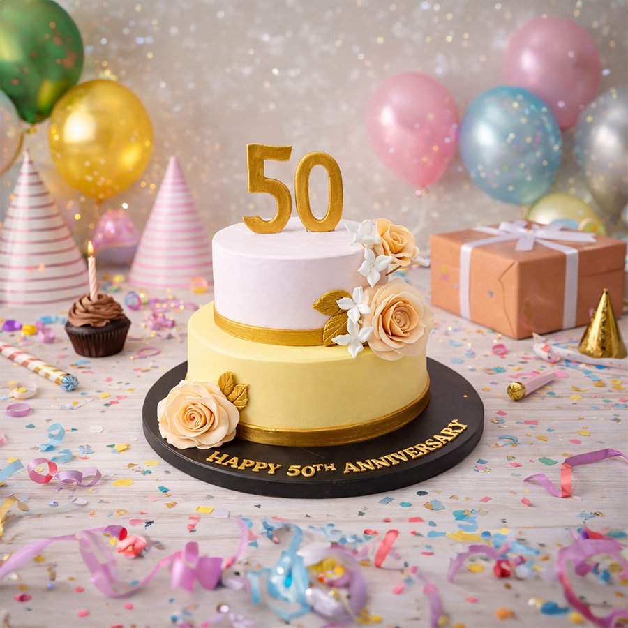 Golden 50th Wedding Anniversary Two-Tier Cake