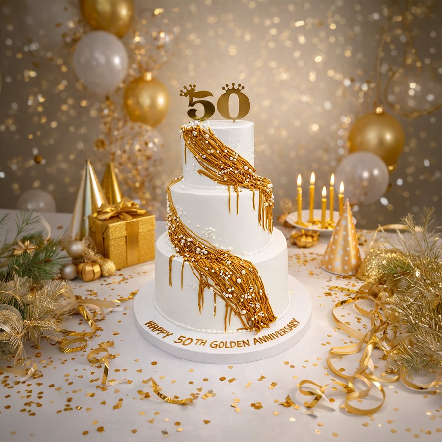 3-Tier Golden Jubilee Anniversary Cake