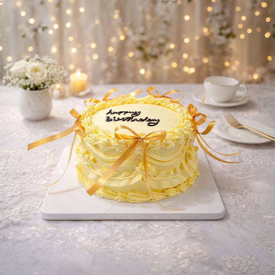 Classic Pastel Yellow Ribbon Birthday Cake