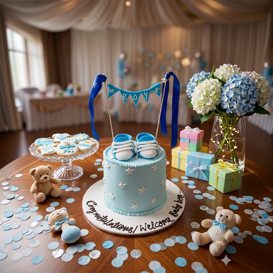 "Welcome Baby Boy" Blue Booties & Stars Cake