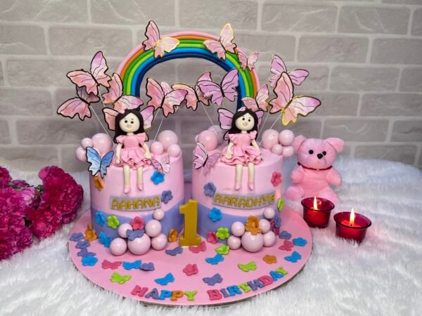 Two-Tier Blue & White Teddy Bear 1st Birthday Cake