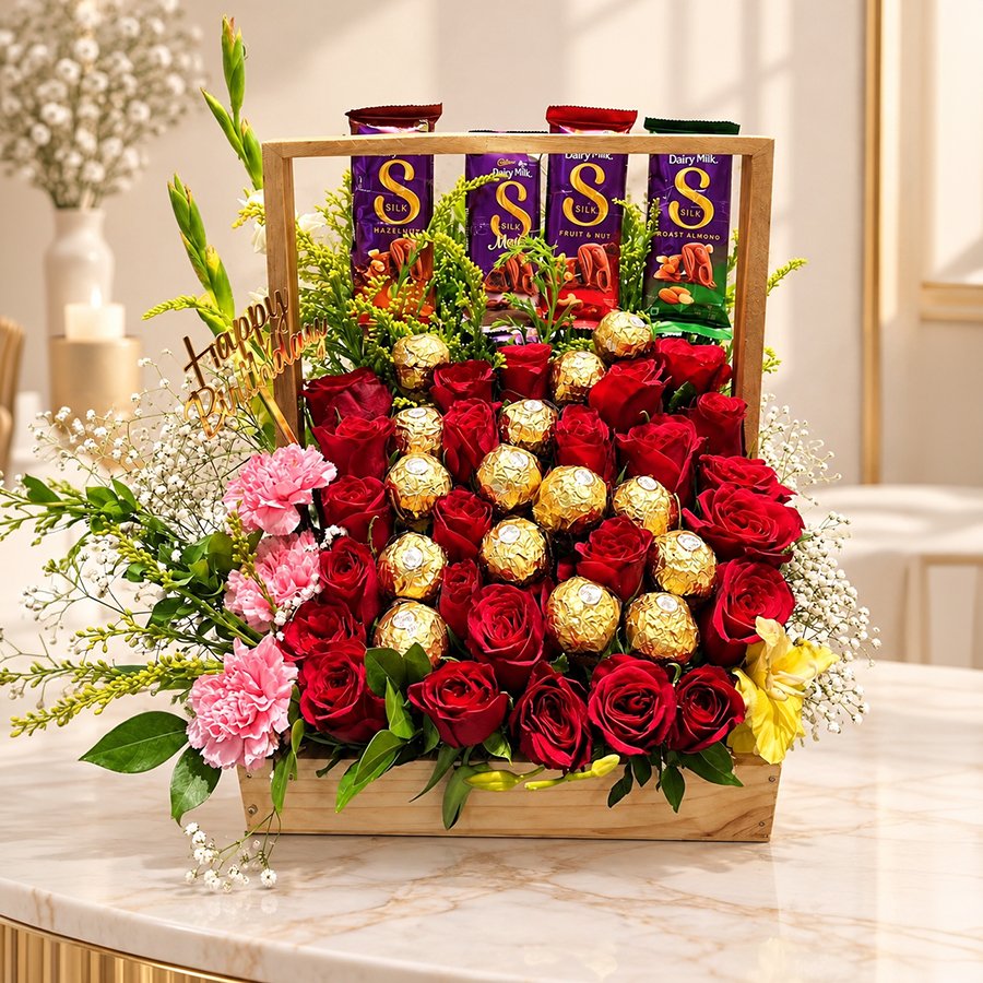 Crimson Romance Red Rose & Silk Chocolate Basket