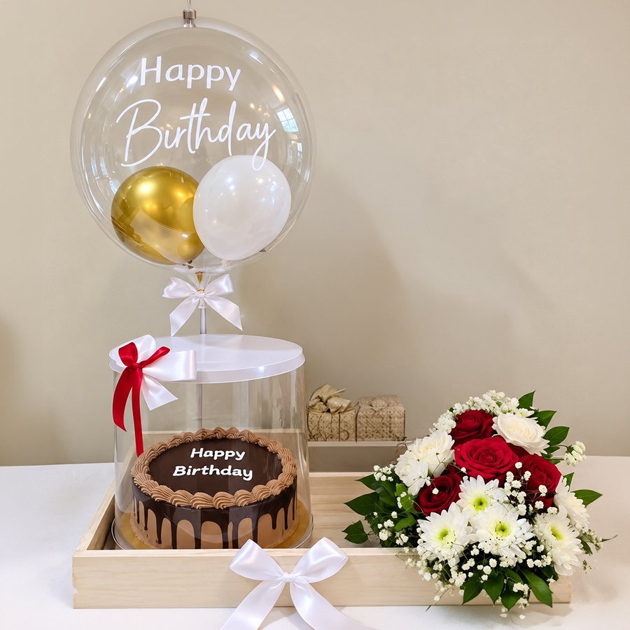 Classic Chocolate Cake & Floral Birthday Bubble Tray