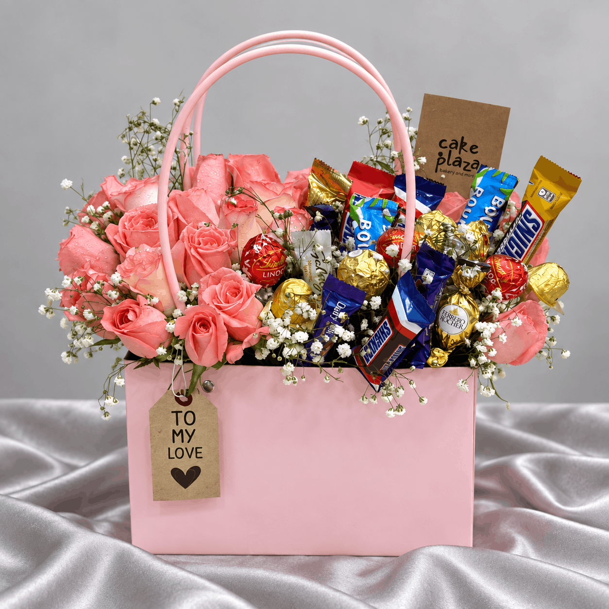 Sweet Romance Pink Rose & Chocolate Handbag Arrangement