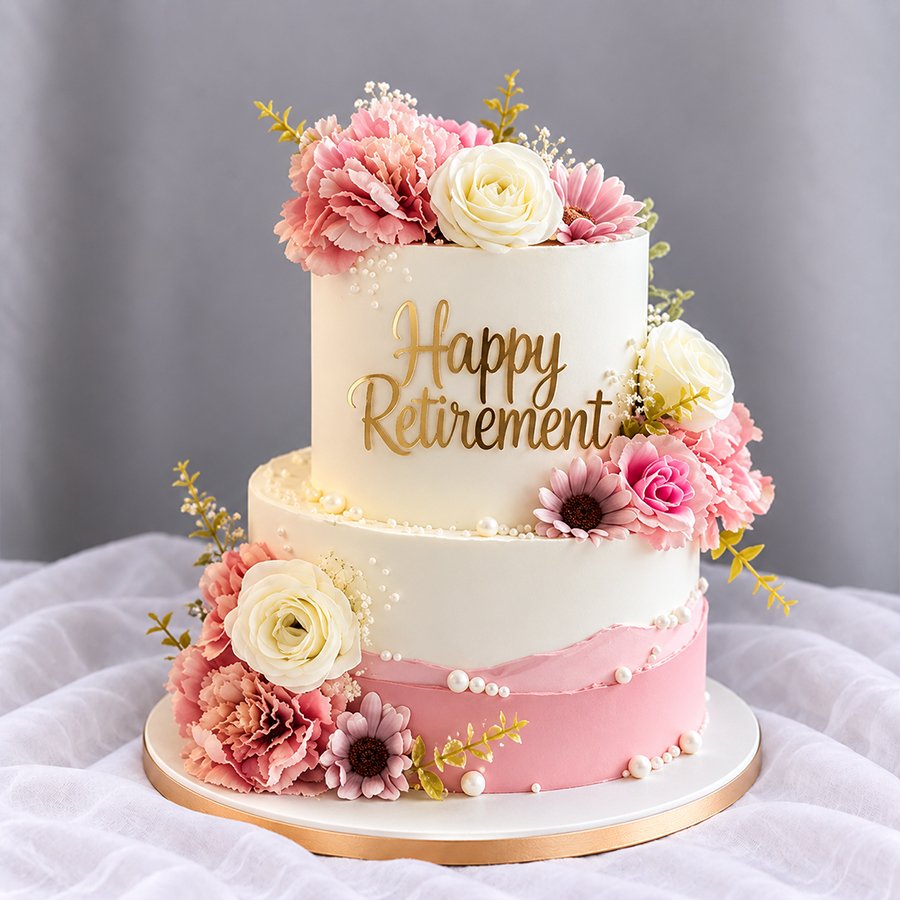 Elegant Pink Floral 2-Tier Retirement Cake