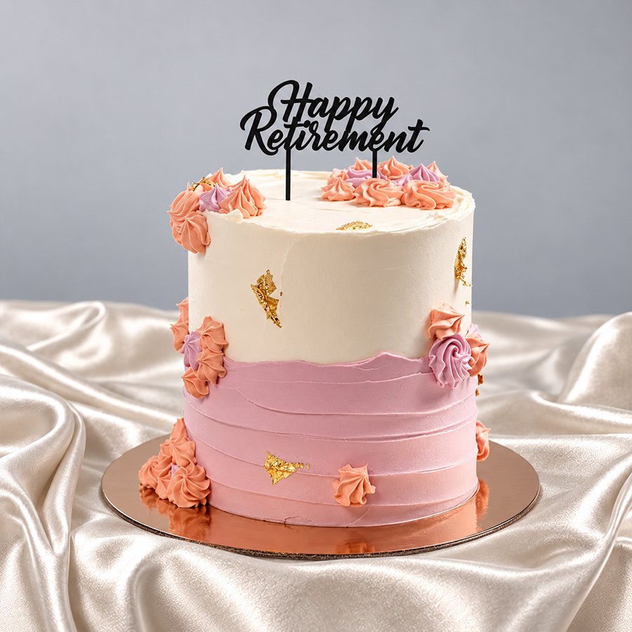 Two-Tone Pink & White Happy Retirement Cake