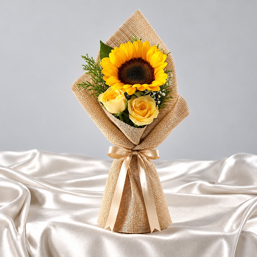 Sunflower & Yellow Roses Bouquet in Gurgaon