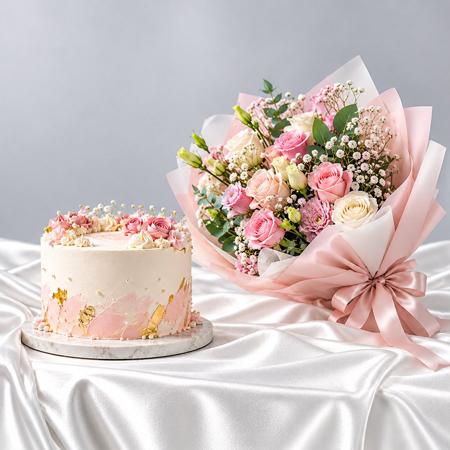 Pastel Roses Bouquet & Cake Combo in Gurgaon – Pink & Gold Cake