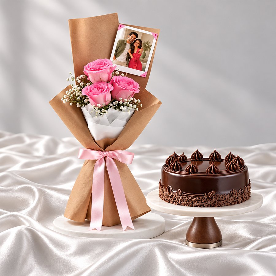 Personalised Roses, Photo Card & Chocolate Cake Combo in Gurgaon