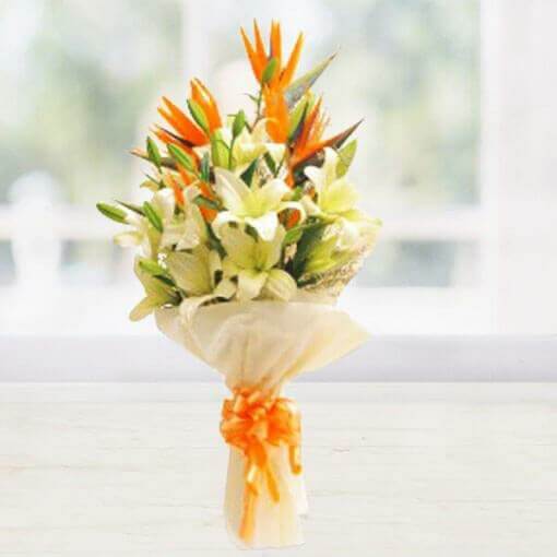 6-White-Asiatic-Lily-3-Orange-Birds-of-Paradise-Seasonal-Filler-bouquet