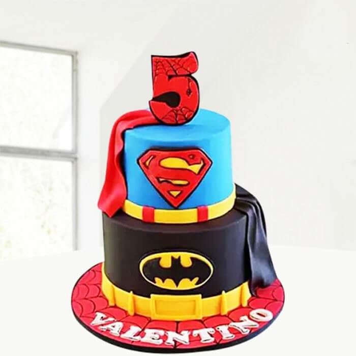 round-shape-batman-cake-at-bottom-superman-round-cake-at-top