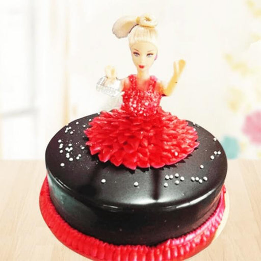 round-shape-chocolate-cake-with-red-barbie-cake-in-middle