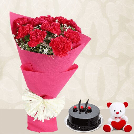 flowers-bouquet-with-chocolate-cake-and-small-teddy