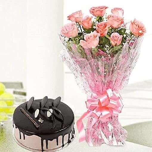 Pink Roses And Chocolate Cake
