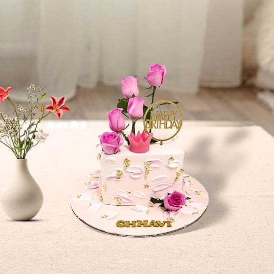 Beautiful Pink Rose Birthday Cake