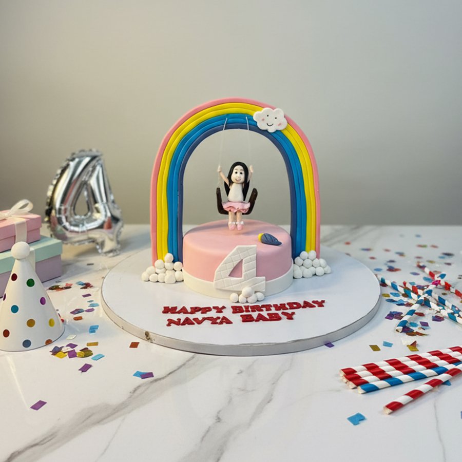 Rainbow Dreams Girl on Swing Cake