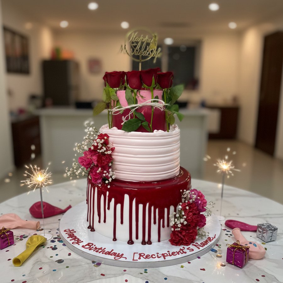 3-Tier Rose Drip Cake