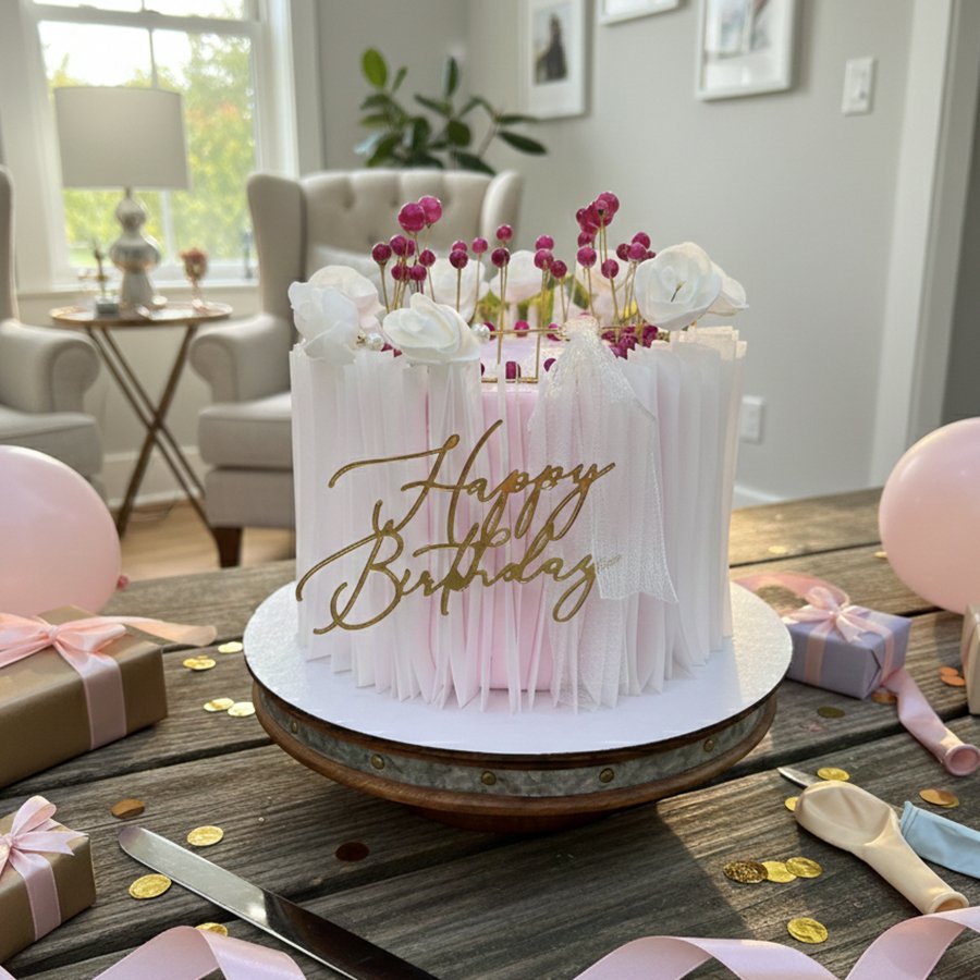 Elegant White Tulle & Floral Birthday Cake