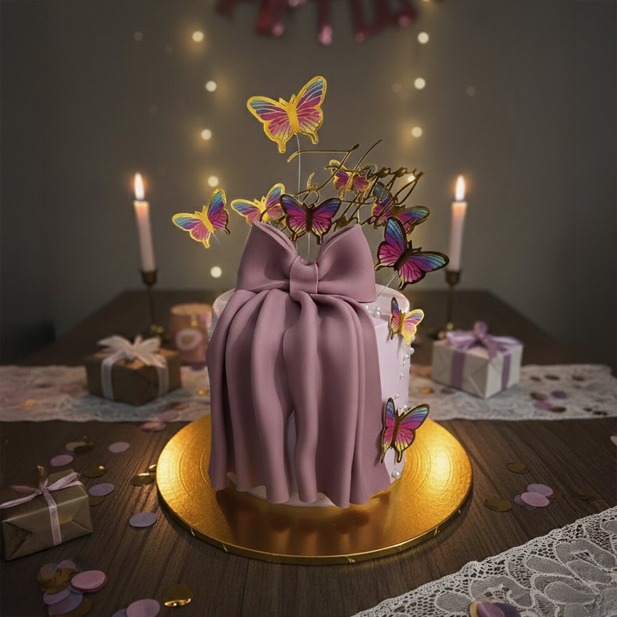 Whimsical Purple Bow and Butterfly Fantasy Cake