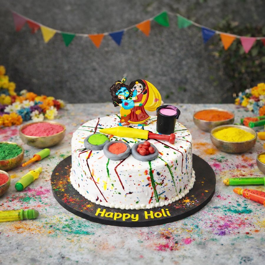 Vibrant Holi Festival Splatter Cake with Krishna & Radha