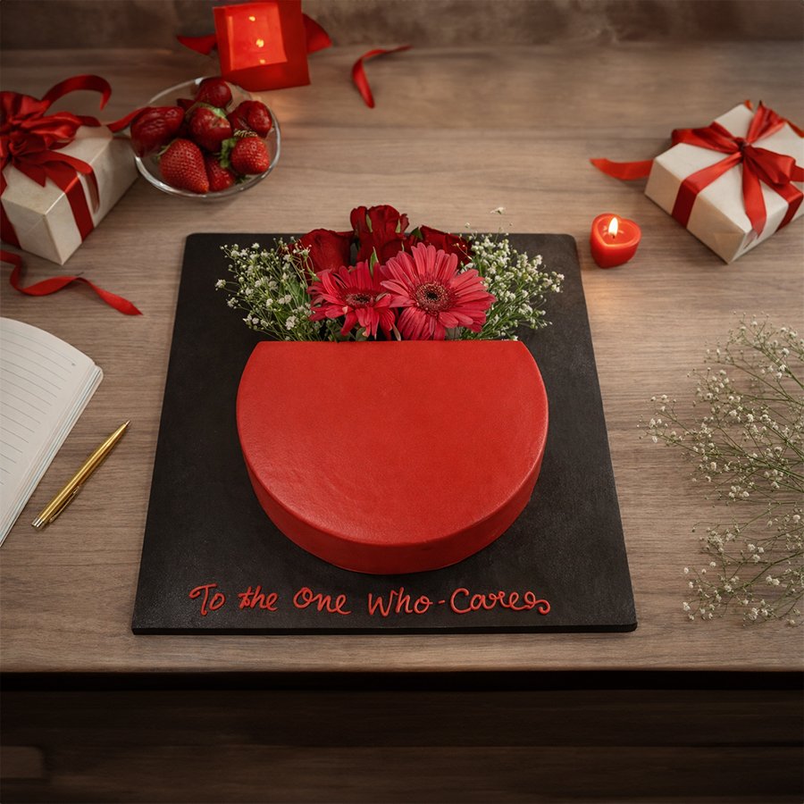 Elegant Red Half-Cake with Fresh Floral Topper
