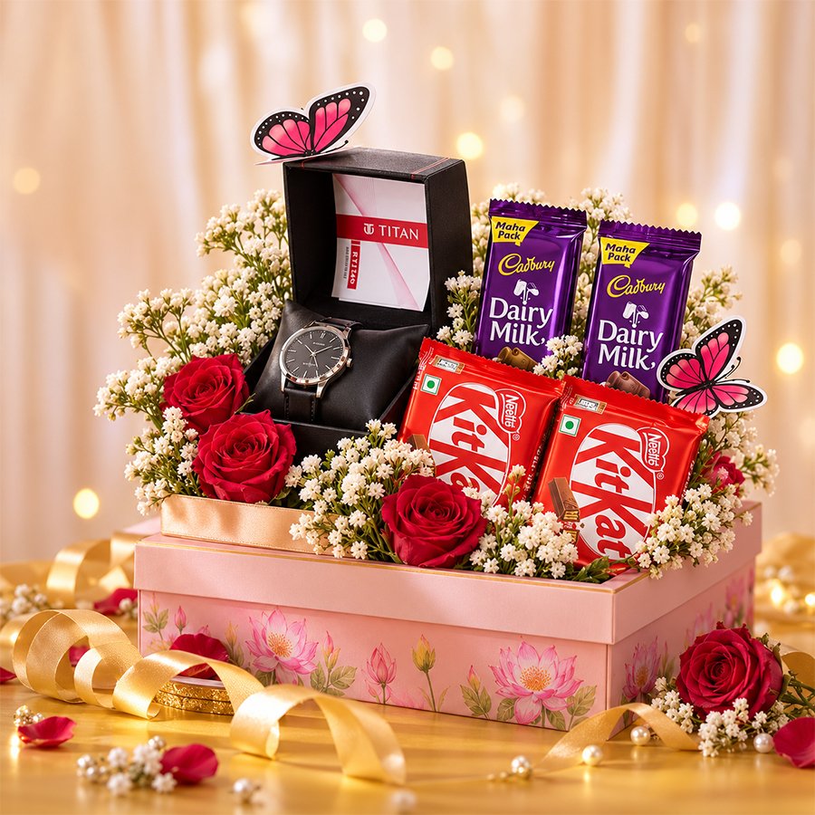 Timeless Romance Watch & Chocolate Floral Hamper