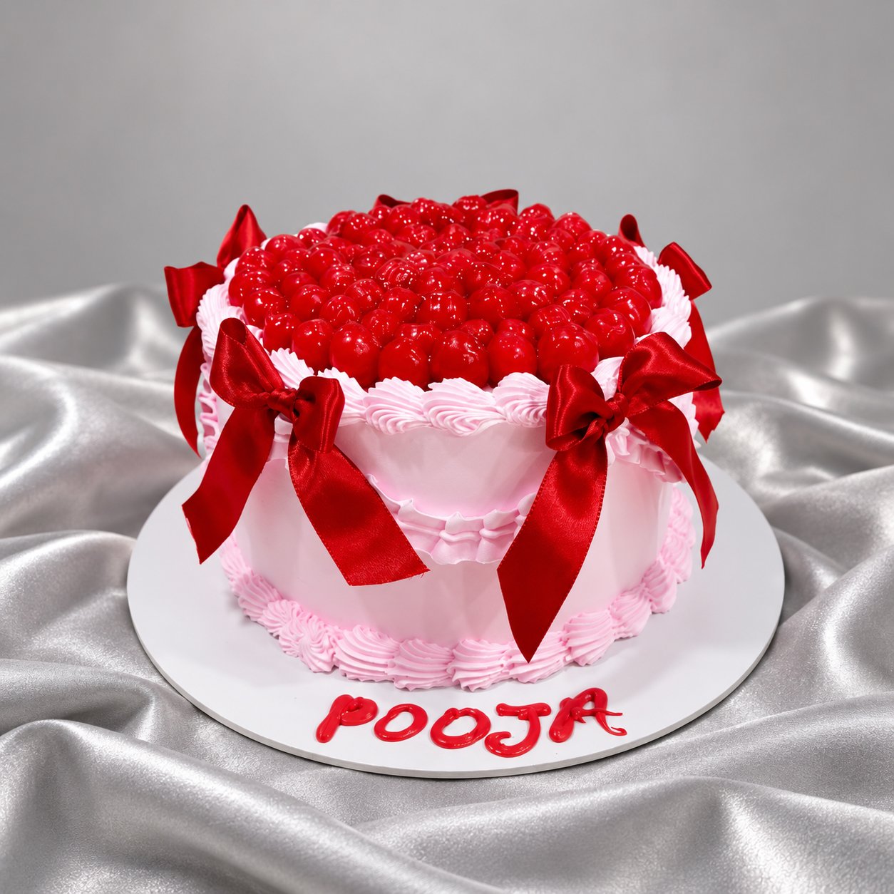Pink Cherry & Red Ribbon Birthday Cake