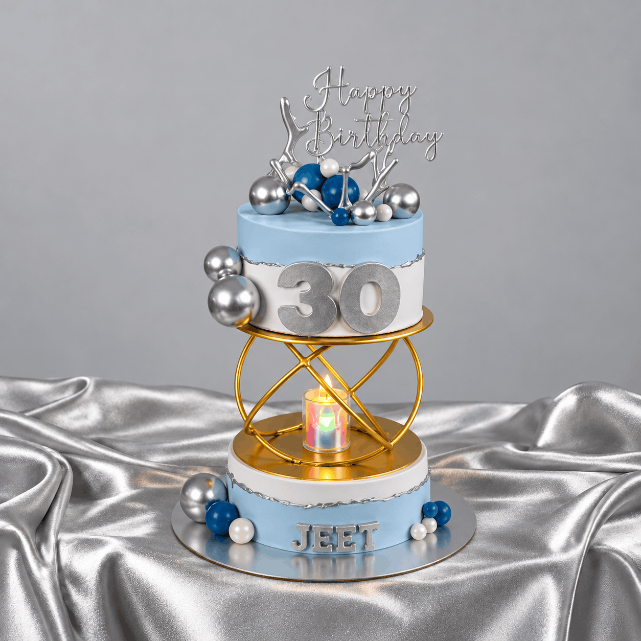 Modern Blue & Silver Floating 30th Birthday Candle Cake
