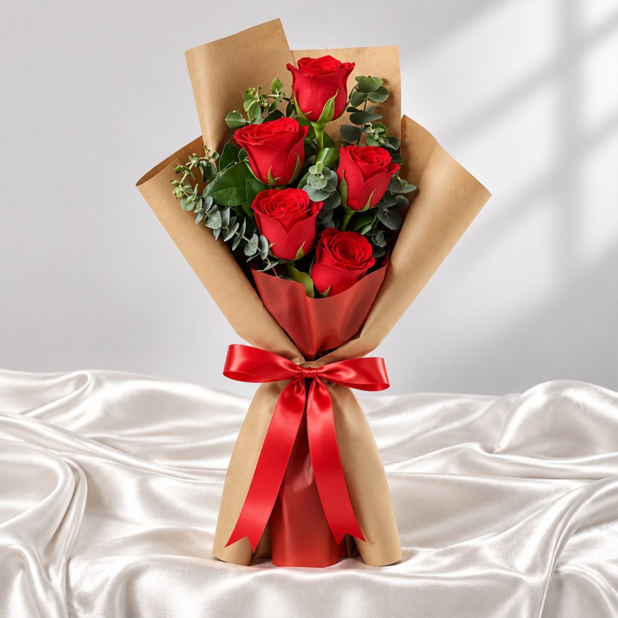 5 Red Roses Bouquet in Gurgaon – Kraft Wrap with Eucalyptus