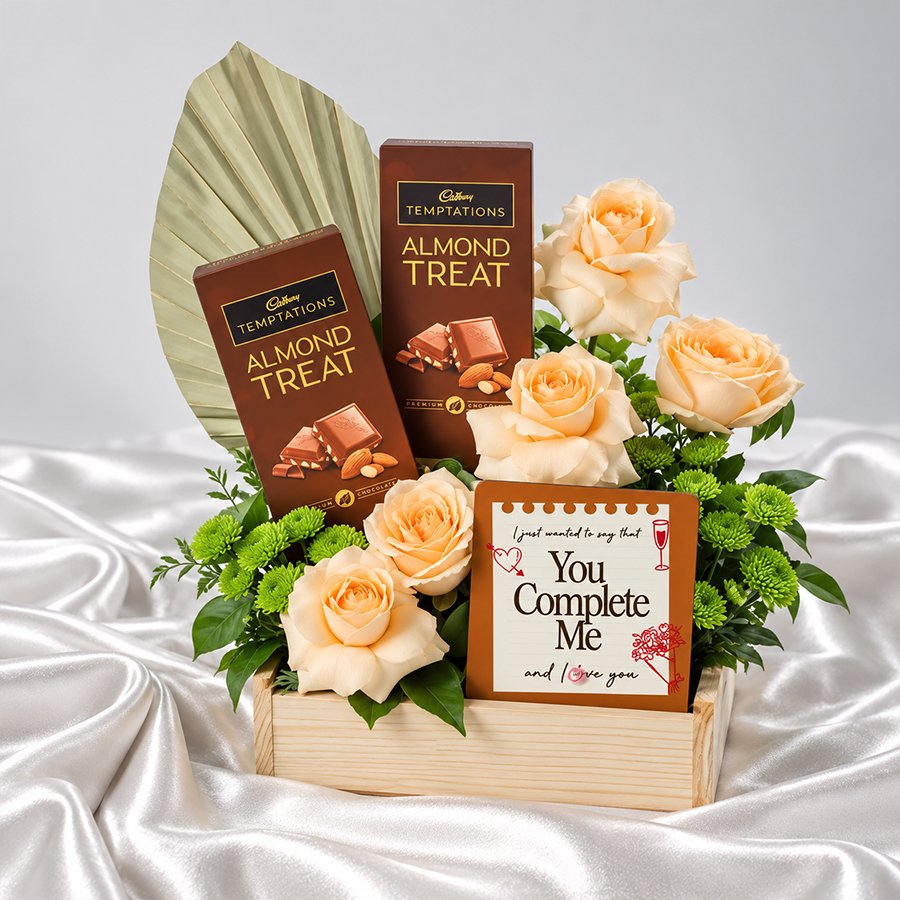 Peach Roses & Cadbury Chocolate Gift Tray in Gurgaon – You Complete Me