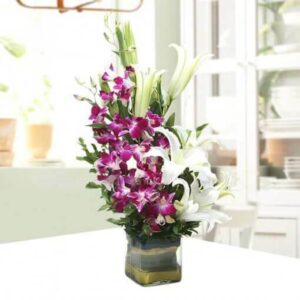 Bunch of 5 Purple Orchids and 3 Lilies